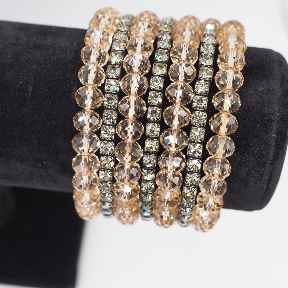 Artisan Coil Wrap Bracelet Tan Faceted Bead Rhinestone Gunmetal Tone MultiLayer